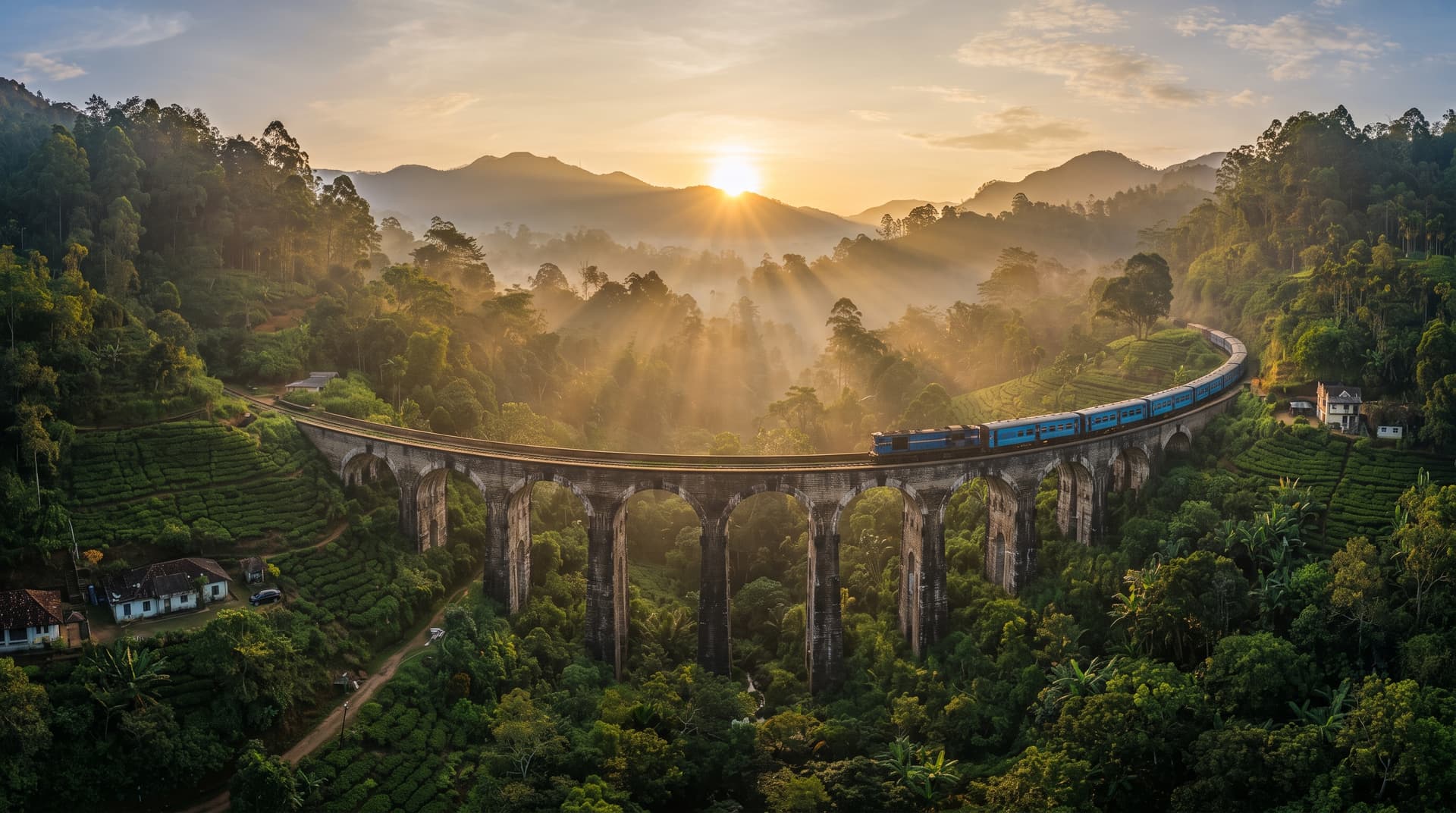 Historic Nine Arch Bridge in Demodara at golden sunrise with blue passenger train in Sri Lanka