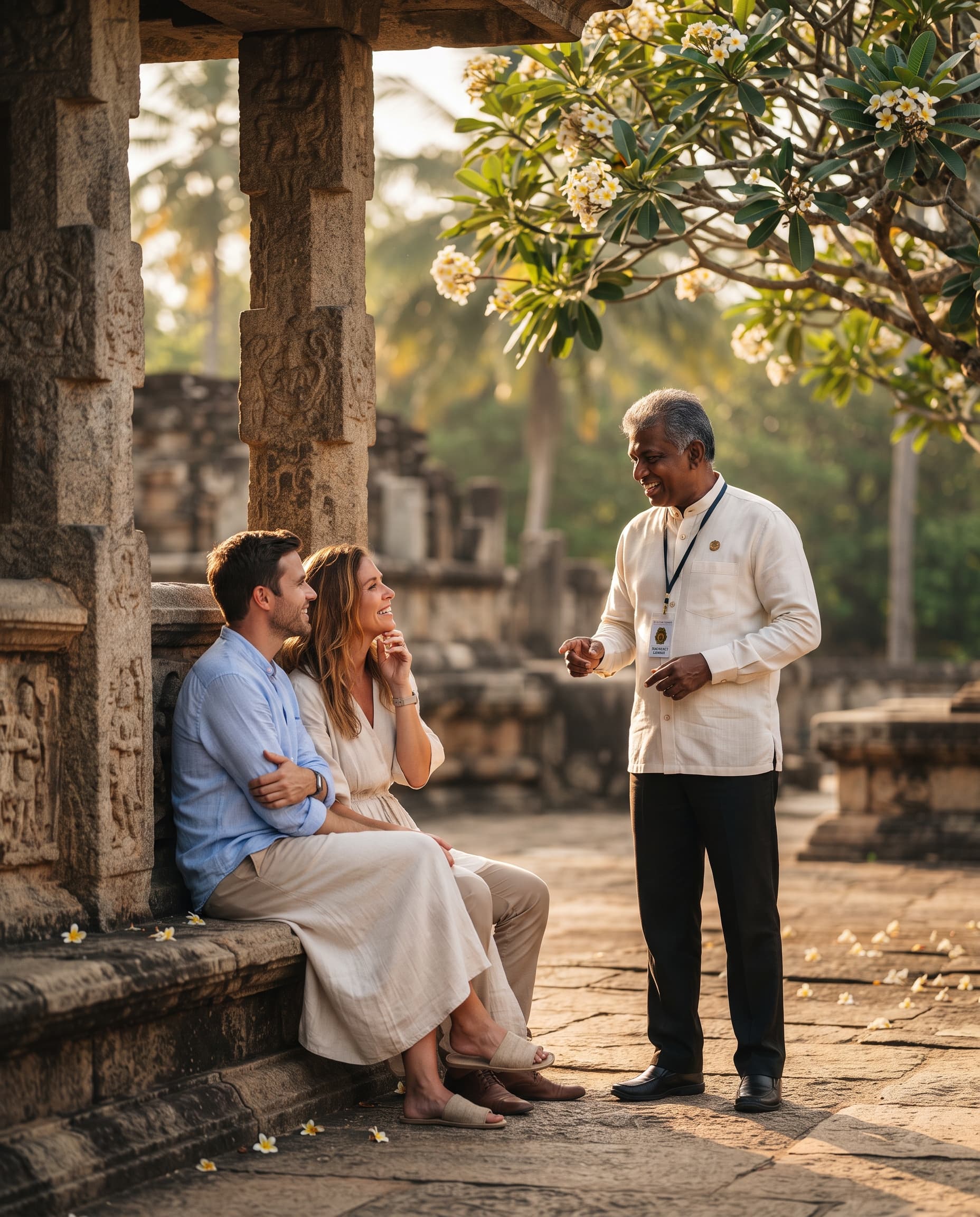 Licensed National Tourist Guide Lecturer sharing cultural heritage with travellers at ancient temple ruins