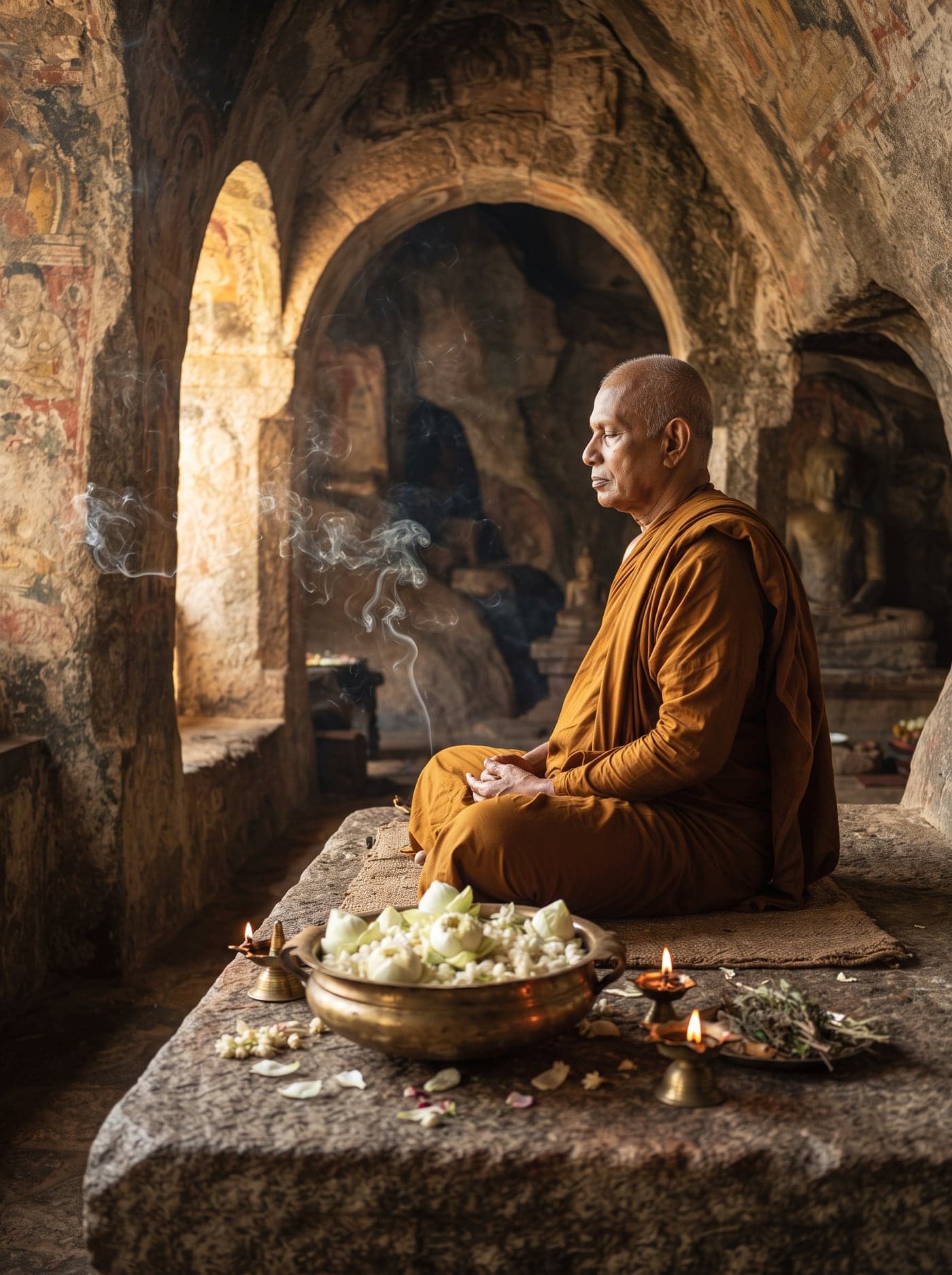 Buddhist monk offering lotus blooms in ancient stone temple