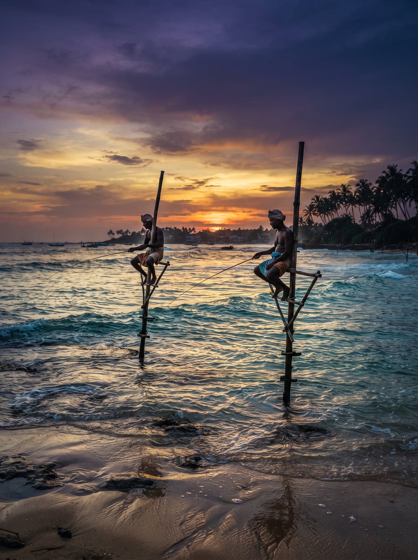 Traditional stilt fishermen silhouette against sunset waters