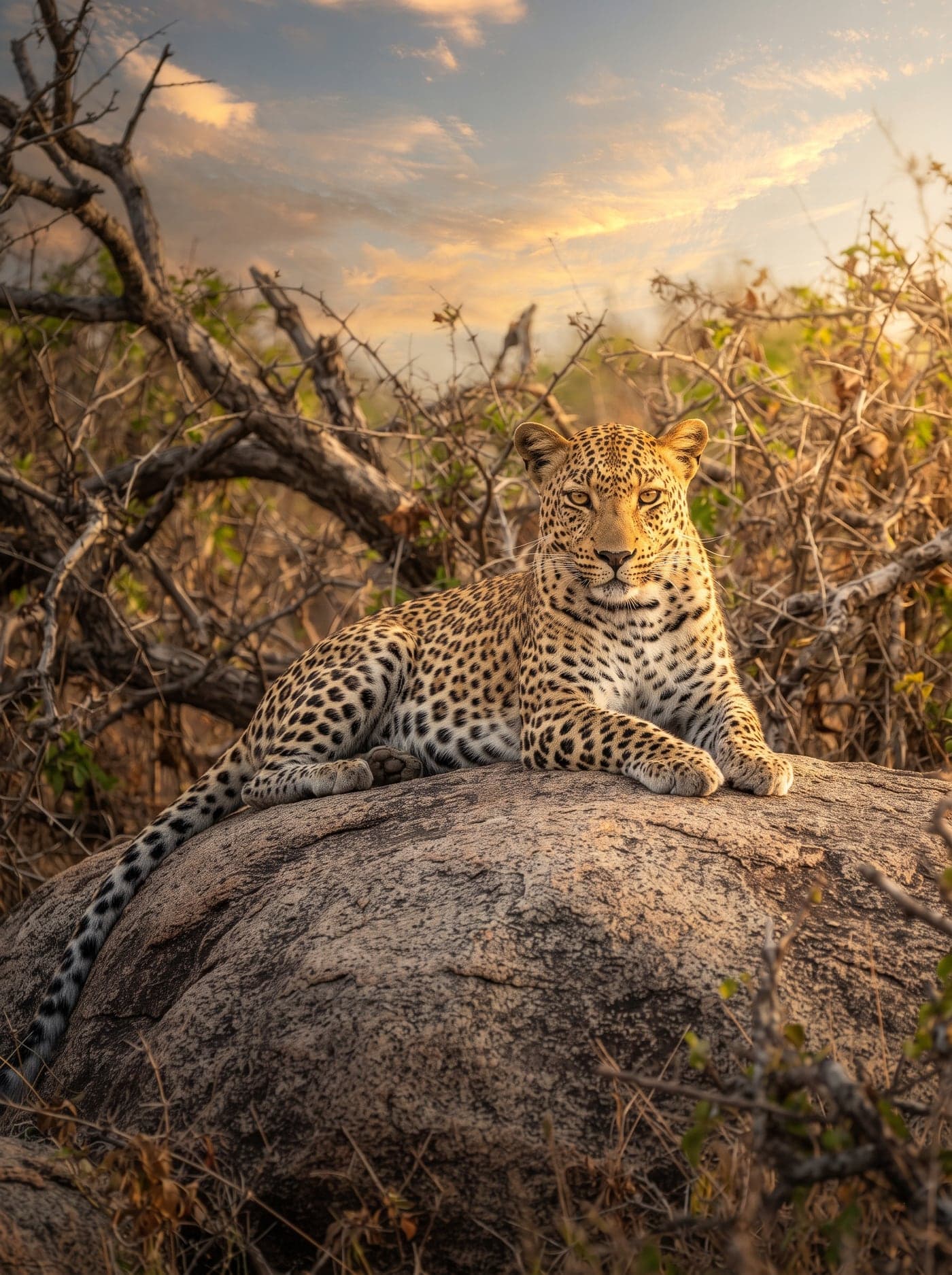 Ceylon leopard resting on granite boulder in Yala wilderness