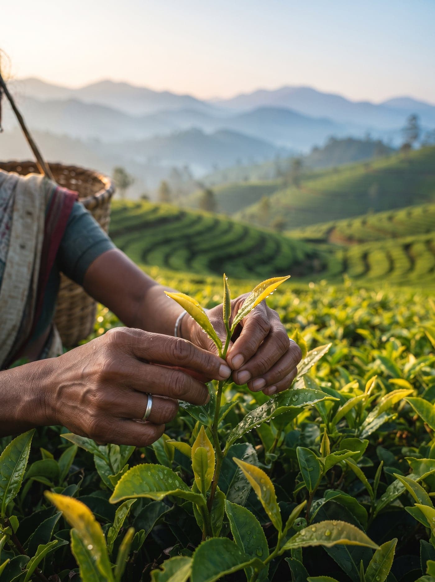 Lush terraced tea estate worker plucking delicate tea leaves