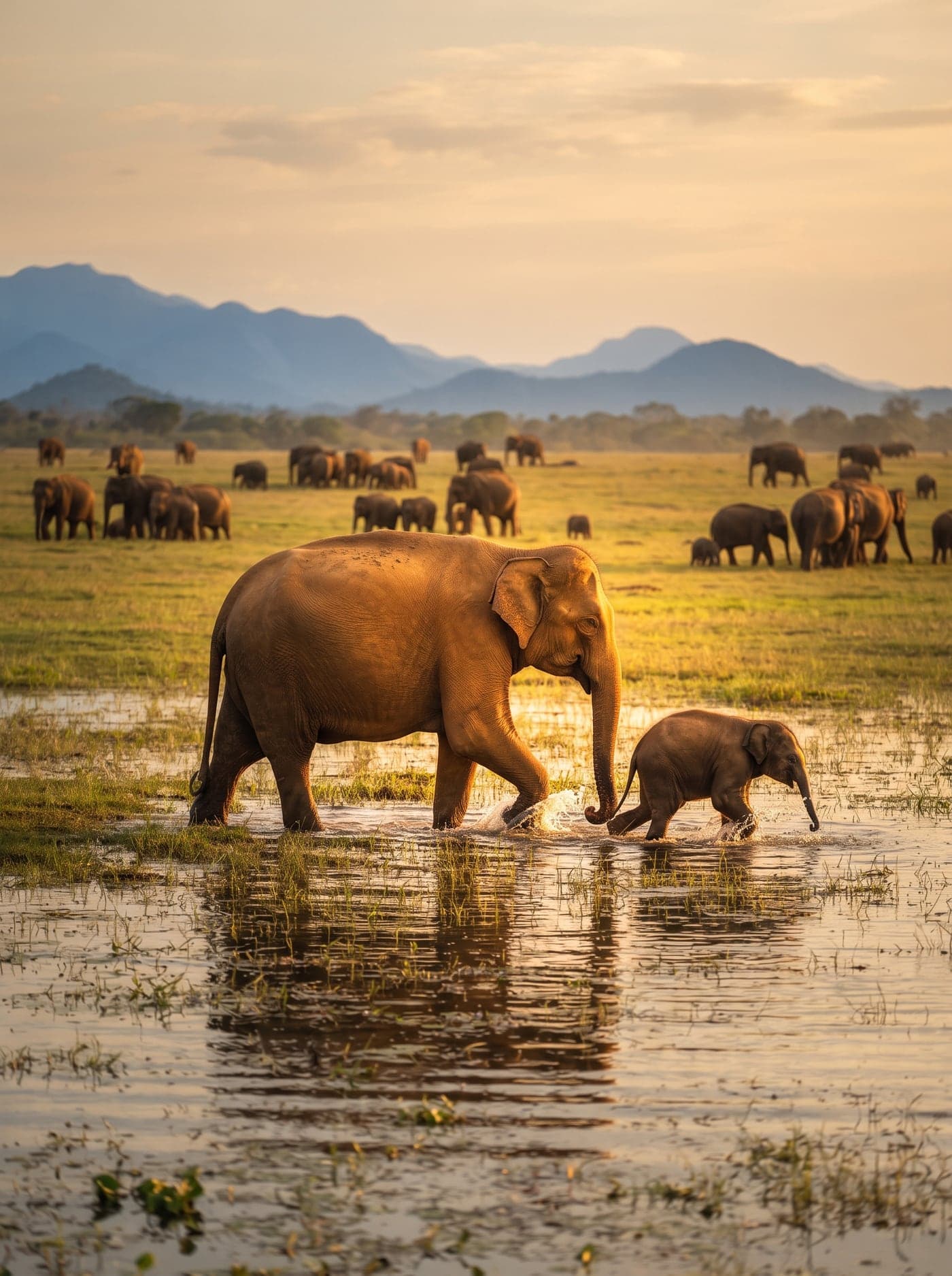 Elephant herd gathered at water edge during golden hour