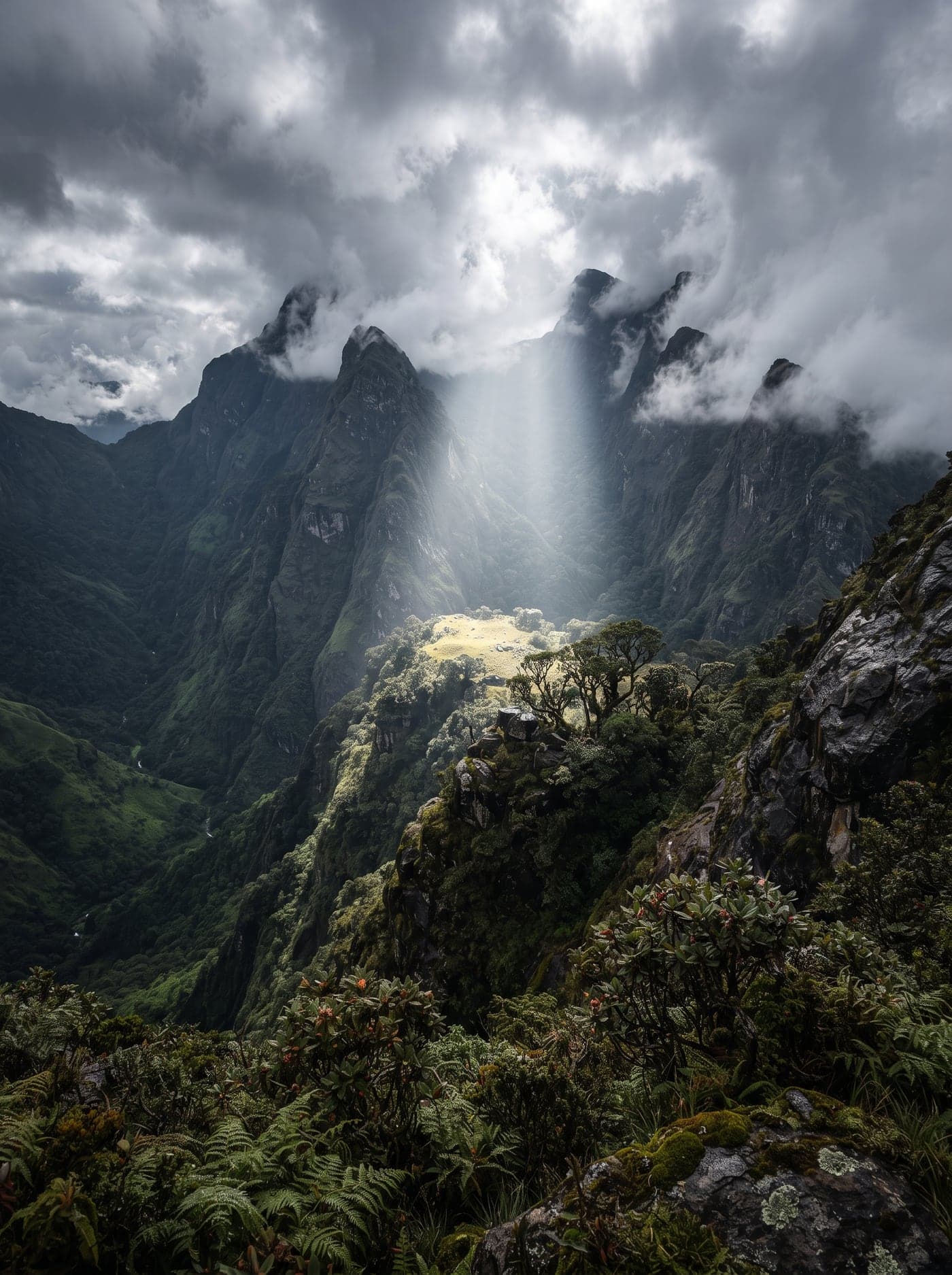 Spectacular misty mountain ridge overlooking emerald rainforest valley
