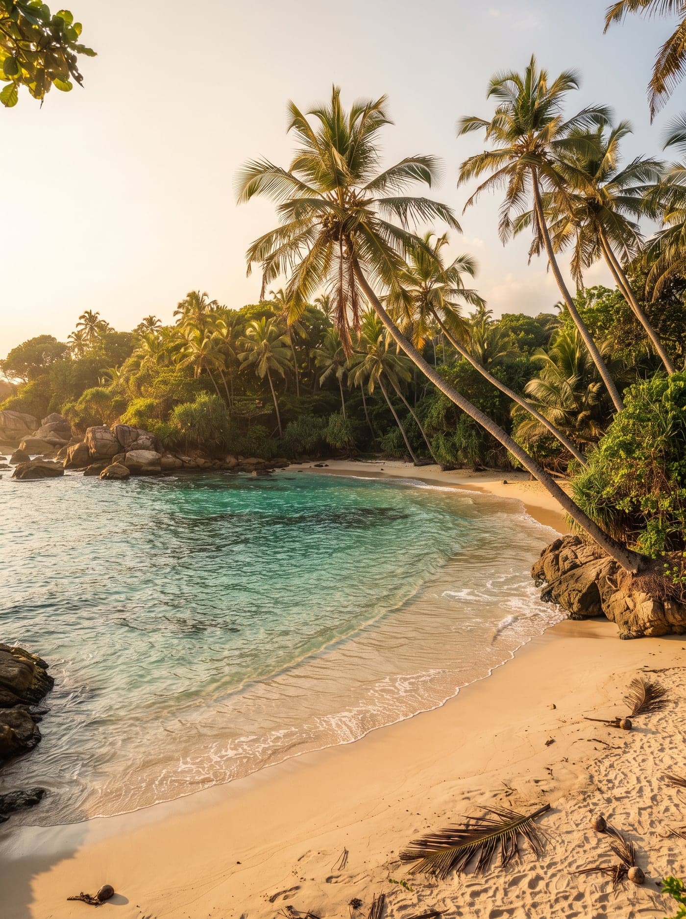Secluded tropical beach with gentle turquoise waves and palms