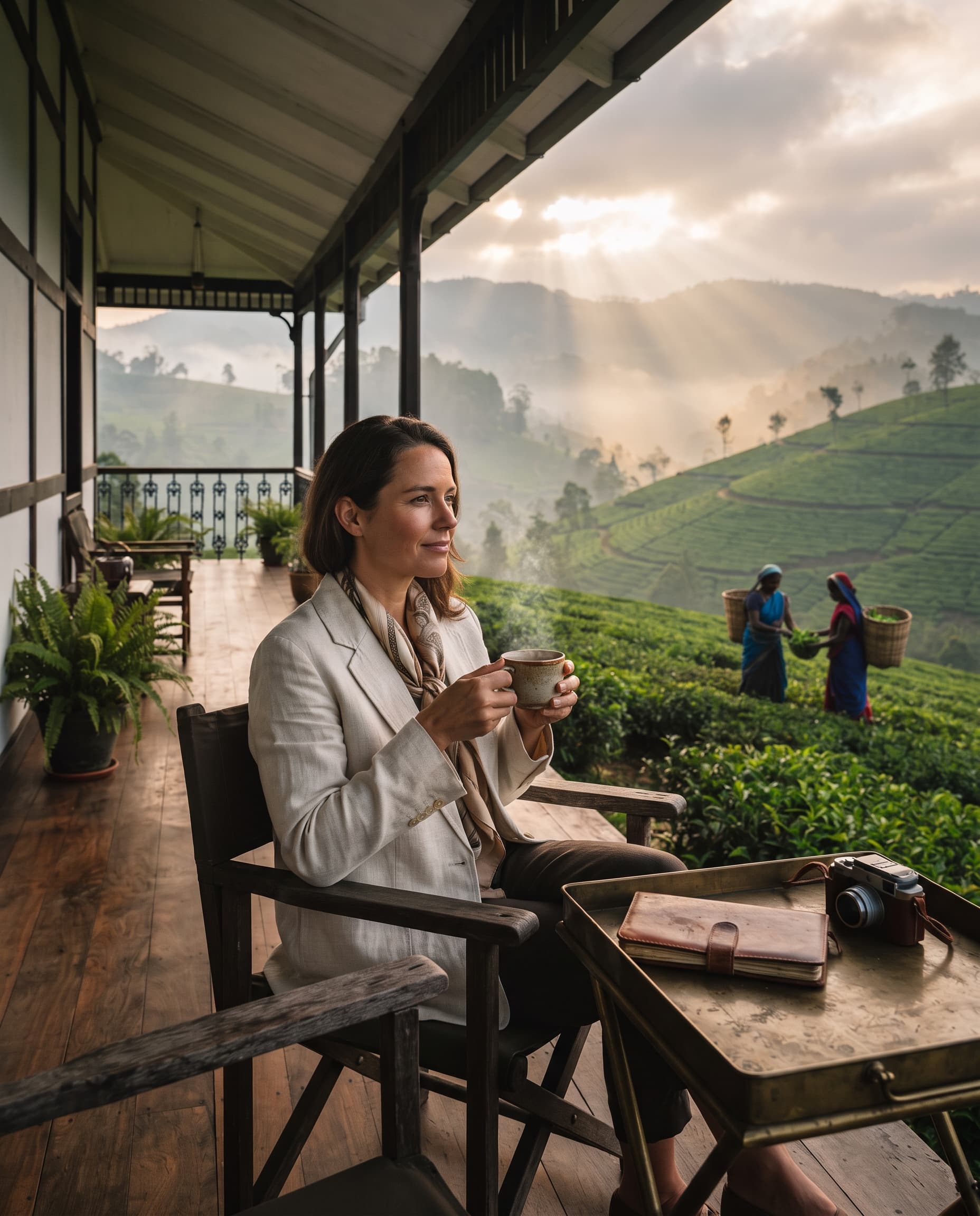 Traveller overlooking scenic highland tea trails and lush rolling hills in Sri Lanka with Anthony Holidays