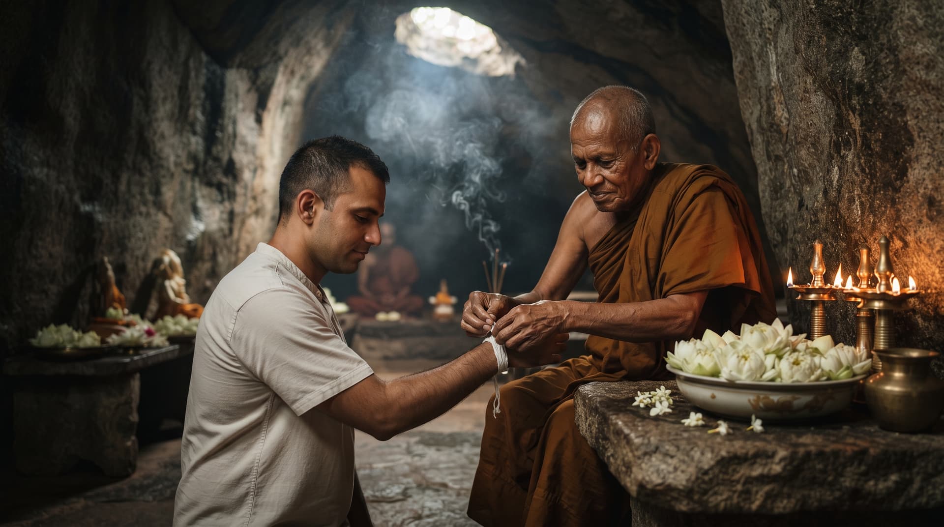 Private Theravada Buddhist blessing ceremony in a secluded forest hermitage