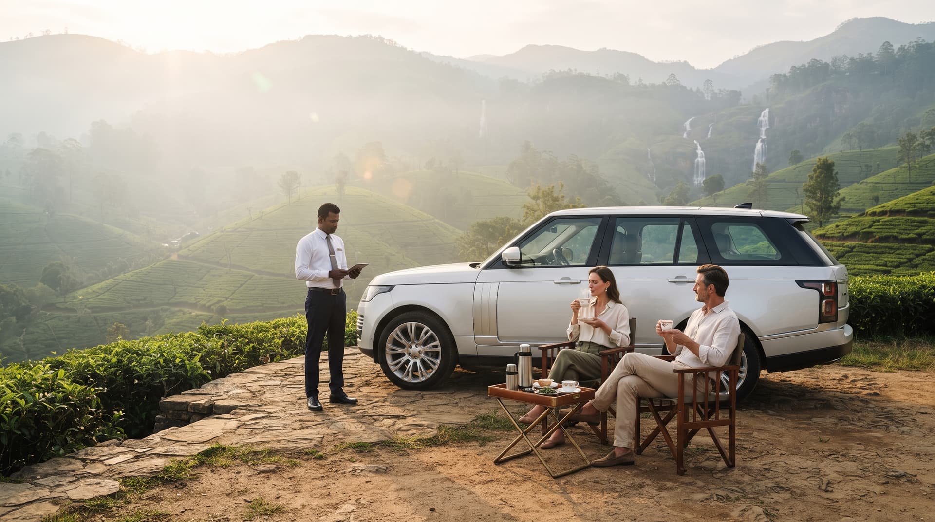 Private luxury chauffeur vehicle paused over scenic Ceylon tea highlands